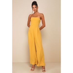 Lulus Breezy Essential Mustard Yellow Linen Wide-leg Jumpsuit - Size L